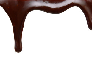 Close up of chocolate syrup leaking on white background