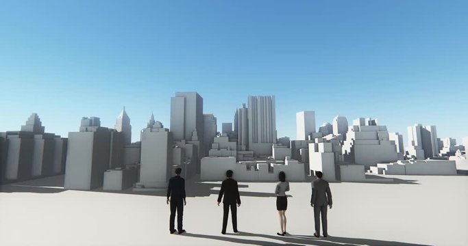 4k Business people overlooking the abstract urban building,Business empire.