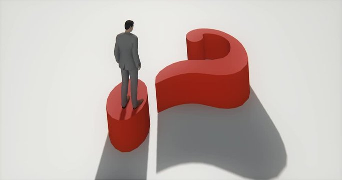 4k businessman standing on the top of 3d red question mark.