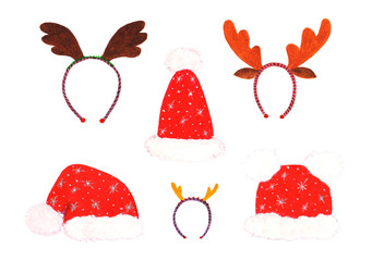 Set of Christmas hats Santa Claus and hoops with horns of deer watercolor