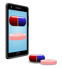 Ordering prescription medicines online on the internet is the subject of this 3-D illustration. Pictured are pills on a cell phone screen and on the table beside the phone are the pills that were orde