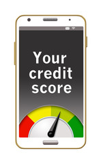 Check your credit score online. A credit score meter with a dial that goes from red to yellow to green appears in this 3-D illustration on a cell phone.