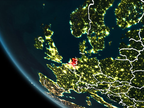 Satellite view of Netherlands at night