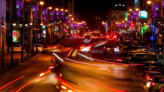 Evening Vladivostok on the eve of New Year's holidays. Central Street of Vladivostok. VLADIVOSTOK, DECEMBER. 2018