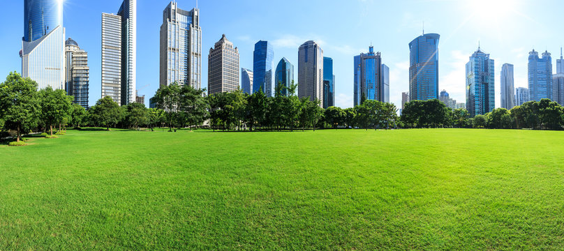 Shanghai commercial district modern urban architecture and green city park panoramic,China