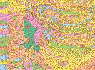 Shamanic forest spirit Doodle cartoon art. Vector illustration