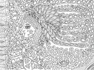 Shamanic forest spirit. Doodle cartoon coloring page for adults. Vector illustration