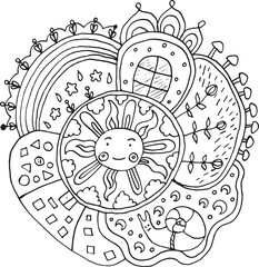 Kid drawn mandala with sun and nature elements - doodle coloring