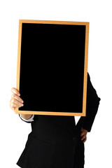 businesswoman show emthy sign blackboard isolated with clipping path.