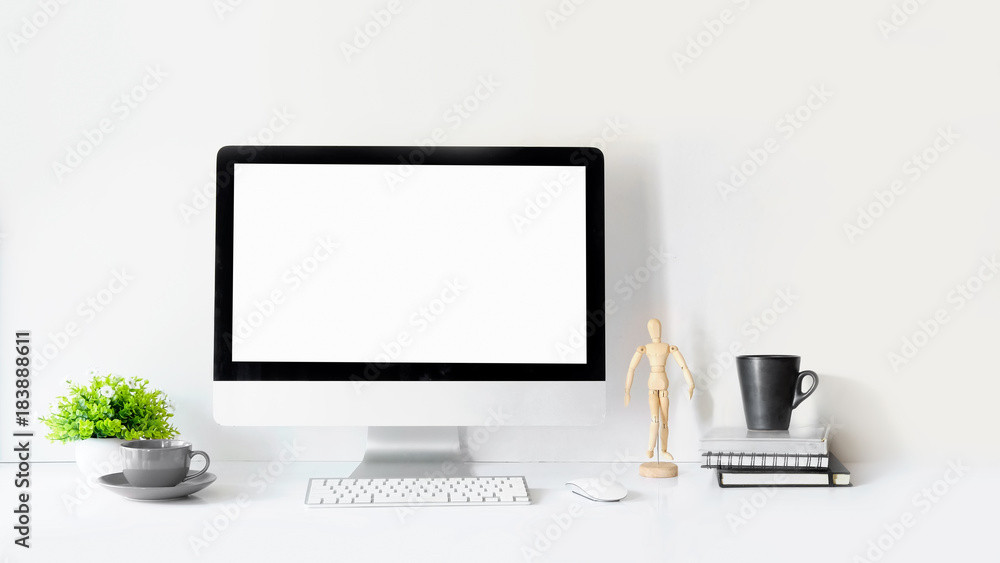 Poster modern clean workspace mockup with blank screen desktop computer.