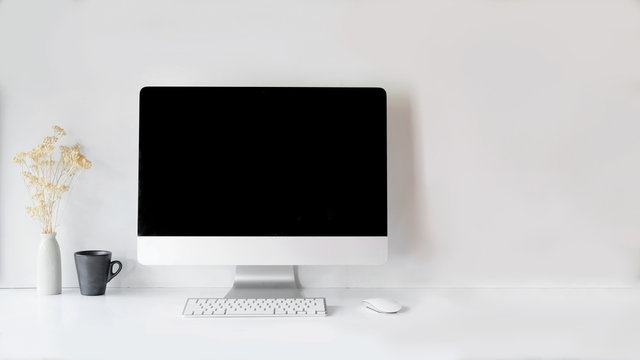 Modern Clean Workspace Mockup With Blank Screen Desktop Computer.