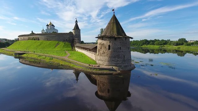 Aerial view of Pskov Kremlin and Trinity Cathedral church at sunrise, Russia, 4k
