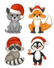 Set of animals in hats of Santa Claus. Cute wolf, Fox, raccoon, penguin isolated on a white background. The cartoon style. Vector illustration.