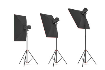 3d rendering of studio flash with big size softboxes stands turned down in several angles.