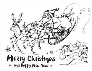 Vector image of Santa Claus in a sleigh pulled by large and small reindeer in landscape with houses and trees. Merry Christmas and Happy New Year.