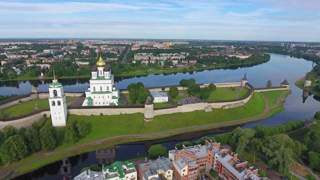 Aerial view of Pskov Kremlin and Trinity Cathedral church, Russia, 4k
