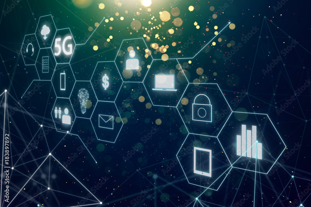 Aufkleber 5g network wireless systems and internet of things with abstract bokeh and dot connection background