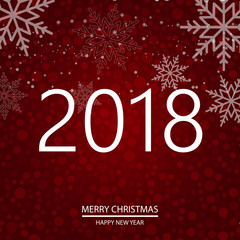 Happy New Year red blured background with falling snow and gold text 2018. Vector