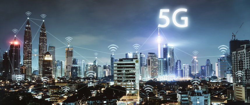 5G network wireless systems and internet of things with modern city skyline. Smart city and communication network concept .