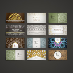 Design collection with mandala symbols. Set of business cards with circle ornament.