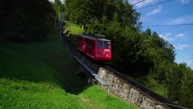 funicular railcar train in Swiss Alps on Lake Lucerne in Luzern Switzerland 