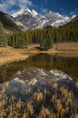 A reflections of jagged mountain peaks in a small pond