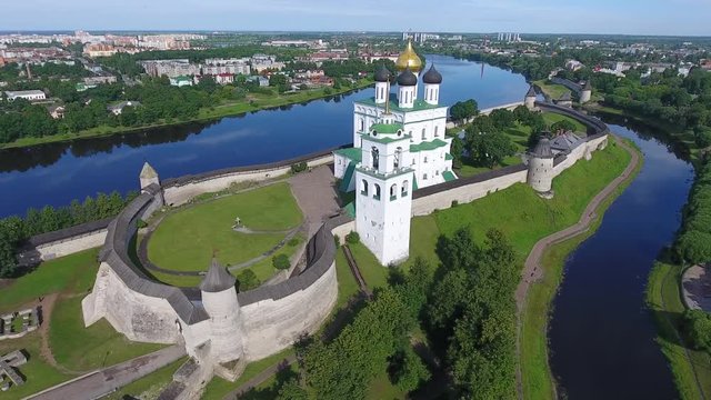Aerial view of Pskov Kremlin and Trinity Cathedral church, Russia, 4k
