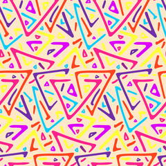 Light colorful triangles tribal seamless pattern on peach color background. Trendy fashion vector geometric texture with hand drawn shapes for textile, wrapping paper, cover, surface, wallpaper