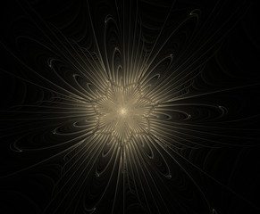 Abstract golden fractal flower with rays glows on a black background. Element for design