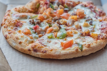 closeup of Pizza in a cardboard box , pizza delivery