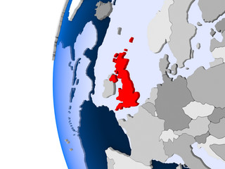 Map of United Kingdom on political globe