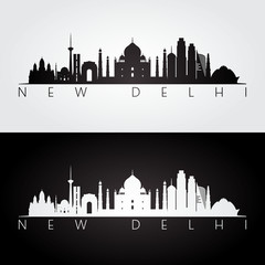 Fototapeta premium New Delhi skyline and landmarks silhouette, black and white design, vector illustration.
