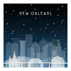 Winter night in New Orleans. Night city in flat style for banner, poster, illustration, background.