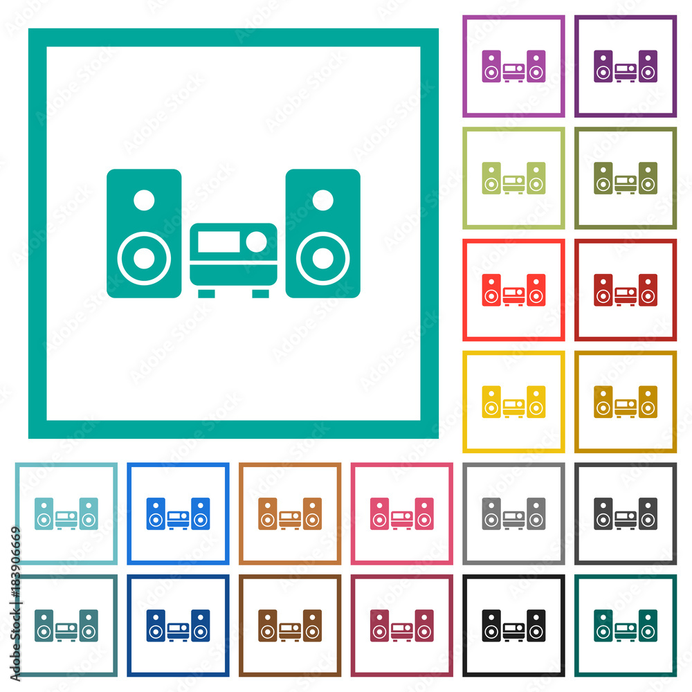 Poster stereo system flat color icons with quadrant frames