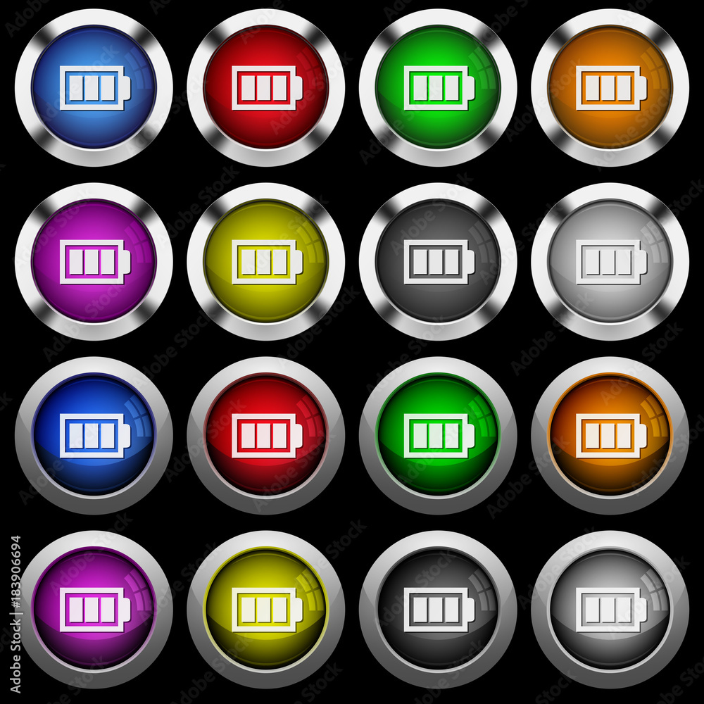 Poster full battery with three load units white icons in round glossy buttons on black background