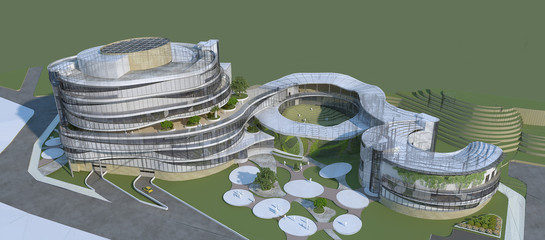 Abstract architecture wireframe on a green background, 3d render of building