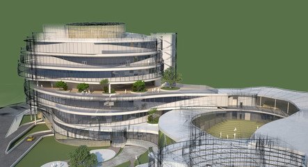 Abstract architecture wireframe on a green background, 3d render of building