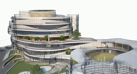 Abstract architecture wireframe on a white background, 3d render of building