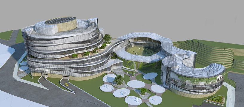 Abstract architecture wireframe on a grey background, 3d render of building