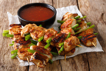 Asian spicy chicken skewered with green onion and chili sauce close-up. horizontal