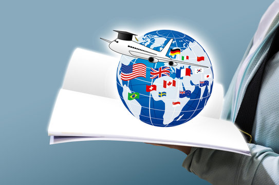 Study Abroad Concept Design Of Young Woman Open Book And World Education With National Flag