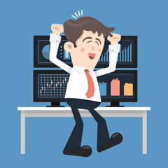 Vector illustration successful businessman young trader with hands raised sitting at trader desk in trader room with computer stock market graph diagram information isolated. Concept business success