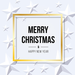 Merry Christmas and Happy New Year typography inside goldenframe over flat lay with white stars. Vector illustration usable for banners, greeting cards, gifts and backgrounds.