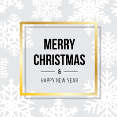 Merry Christmas and Happy New Year typography inside golden frame over flat lay with snowflakes. Vector illustration usable for banners, greeting cards, gifts and backgrounds.