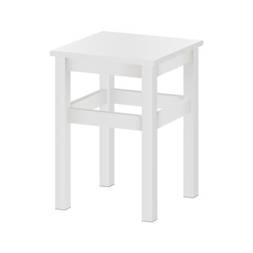 White stool mockup isolated - side view. Square wood tabouret on four legs. Vector illustration