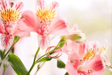 Naklejka na ściany i meble Image of flowers and wedding rings on a gentle background of a bright background. wedding flowers, wedding rings