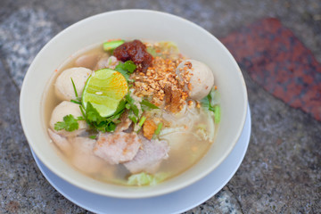 White noodle soup in bowl for healthy food as closeup object