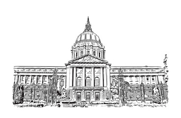 Sketch of San Francisco City Hall, California, USA in vector illustration. - obrazy, fototapety, plakaty