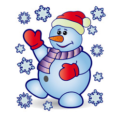 Christmas cheerful snowman and around fly snowflakes, cartoon on white background,