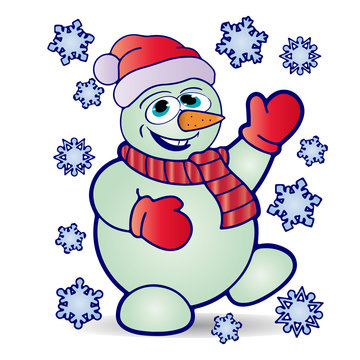 Christmas cheerful snowman in hat and mittens, and around fly snowflakes, cartoon on white background,